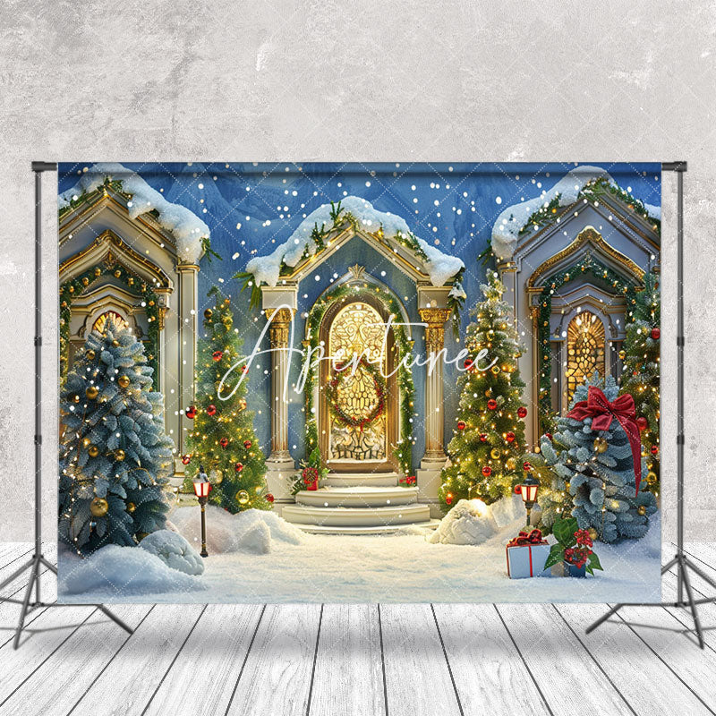 Aperturee - White Gold Luxury Door Snowy Tree Christmas Backdrop