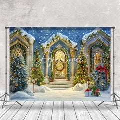 Aperturee - White Gold Luxury Door Snowy Tree Christmas Backdrop