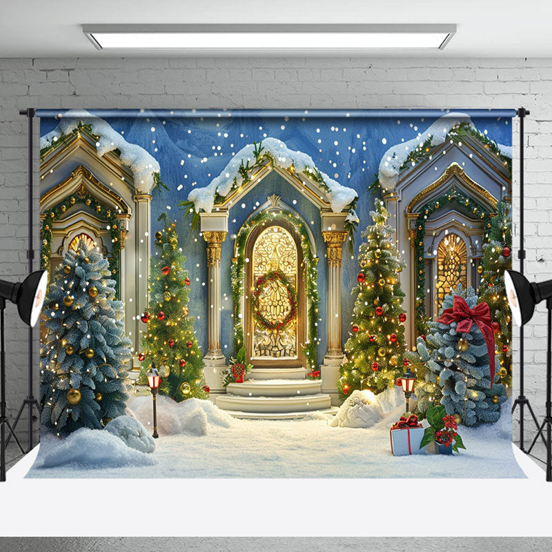 Aperturee - White Gold Luxury Door Snowy Tree Christmas Backdrop