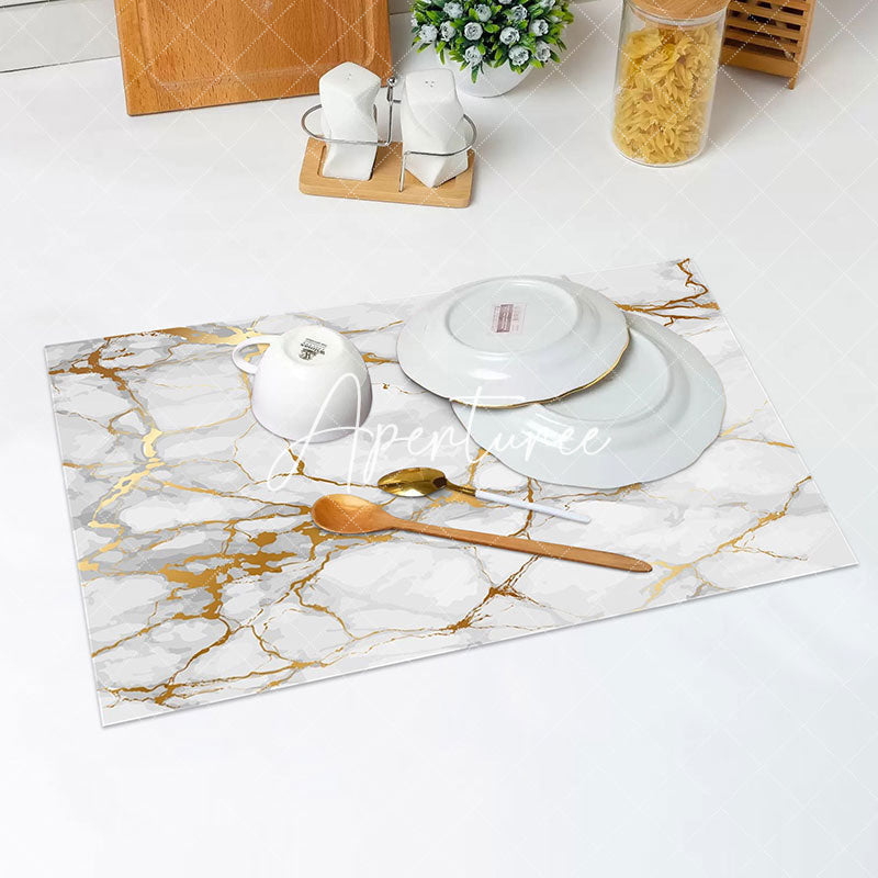 Aperturee - White Gold Marble Texture Modern Set Of 4 Placemats