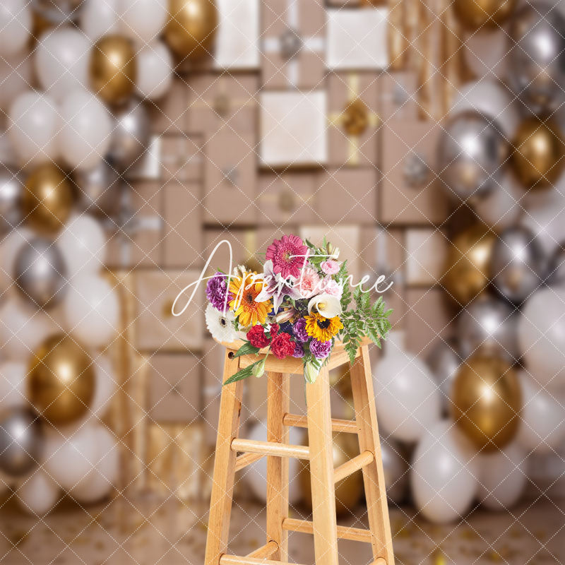 Aperturee - White Gold Silver Balloons Gifts Cake Smash Backdrop