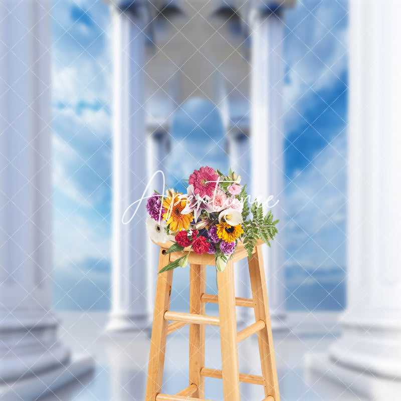 Aperturee - White Greek Pillars Blue Sky Photo Booth Backdrop