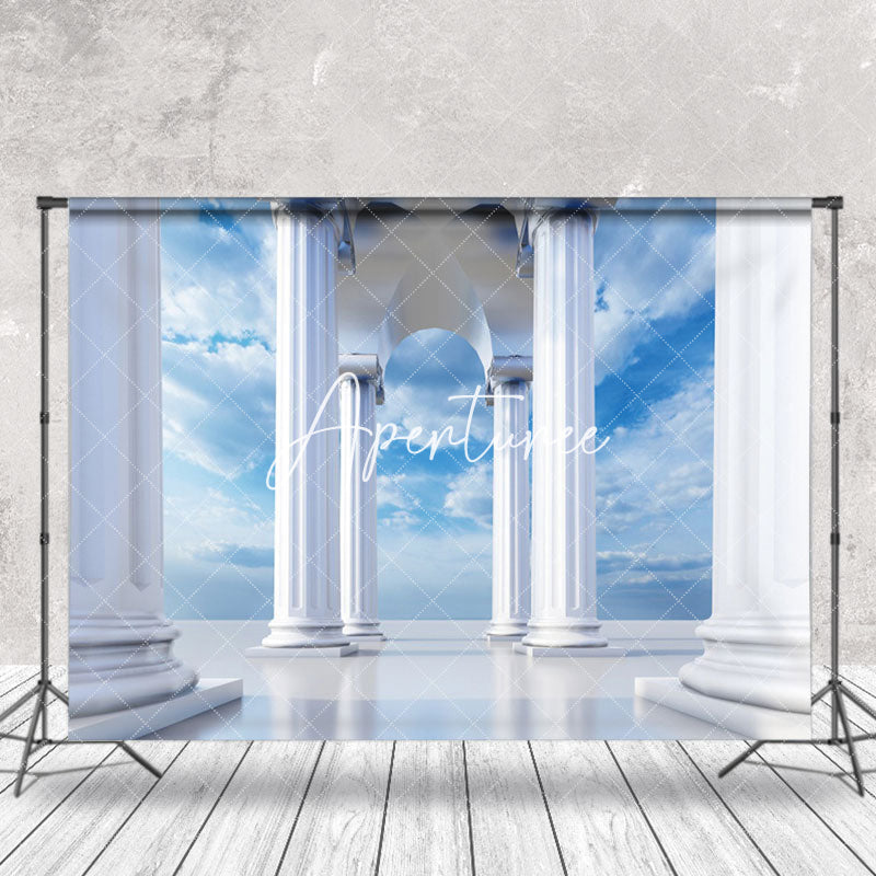 Aperturee - White Greek Pillars Blue Sky Photo Booth Backdrop