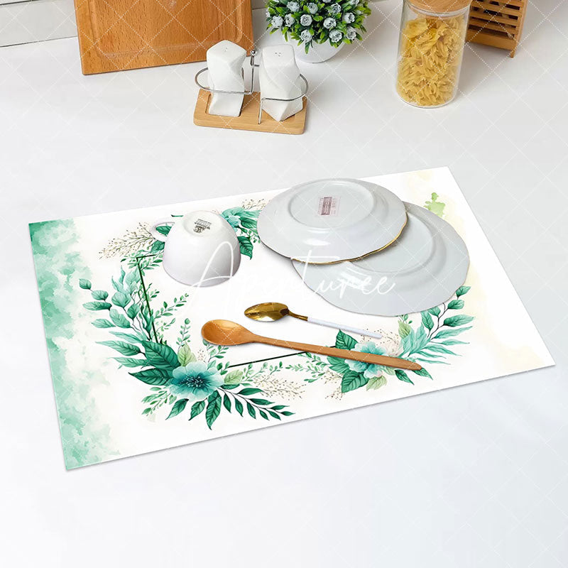 Aperturee - White Green Floral Leaves Natural Set Of 4 Placemats