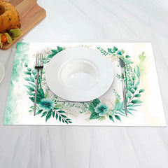 Aperturee - White Green Floral Leaves Natural Set Of 4 Placemats