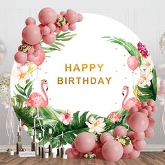 Aperturee - White Green Leaf Flamingo Round Birthday Backdrop