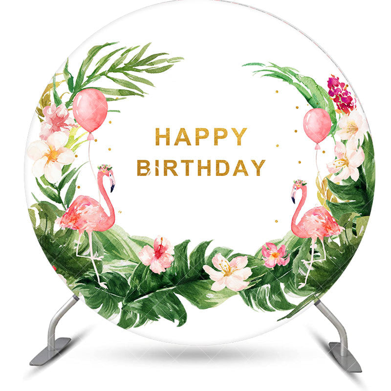 Aperturee - White Green Leaf Flamingo Round Birthday Backdrop