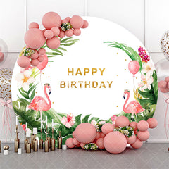 Aperturee - White Green Leaf Flamingo Round Birthday Backdrop