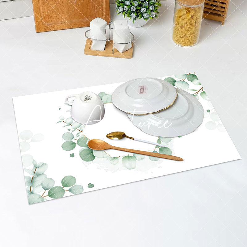 Aperturee - White Green Leaves Nature Spring Set Of 4 Placemats