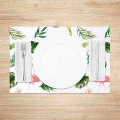 Aperturee - White Green Monstera Flamingos Set Of 4 Placemats