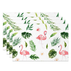 Aperturee - White Green Monstera Flamingos Set Of 4 Placemats