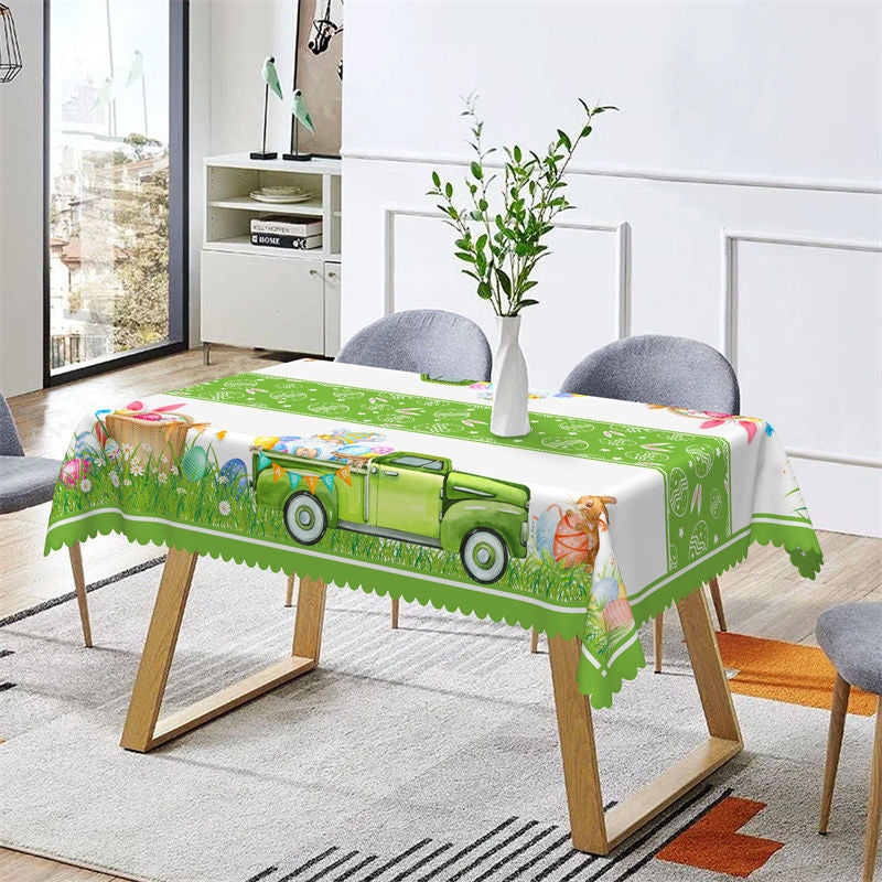 Aperturee - White Green Plant Bunny Easter Rectangle Tablecloth