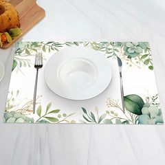 Aperturee - White Green Plant Leaves Spring Set Of 4 Placemats