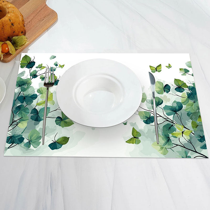 Aperturee - White Green Spring Natural Leaves Set Of 4 Placemats