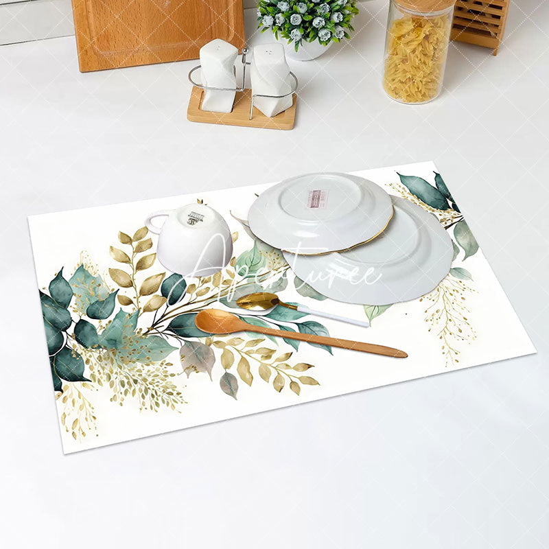 Aperturee - White Green Yellow Leaf Vintage Set Of 4 Placemats