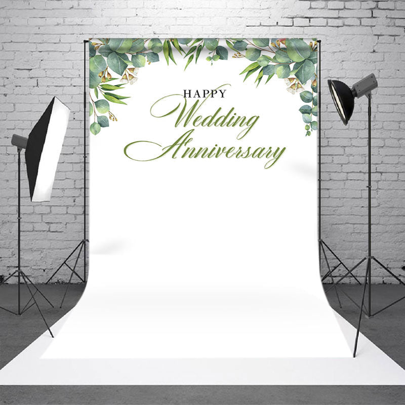 Aperturee - White Greenery Happy Wedding Anniversary Backdrop