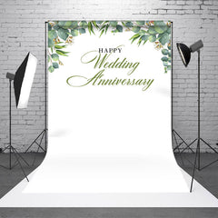 Aperturee - White Greenery Happy Wedding Anniversary Backdrop