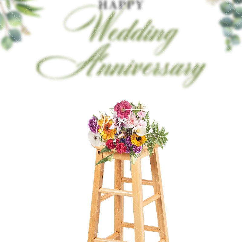 Aperturee - White Greenery Happy Wedding Anniversary Backdrop