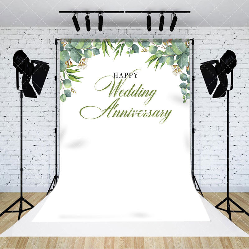 Aperturee - White Greenery Happy Wedding Anniversary Backdrop