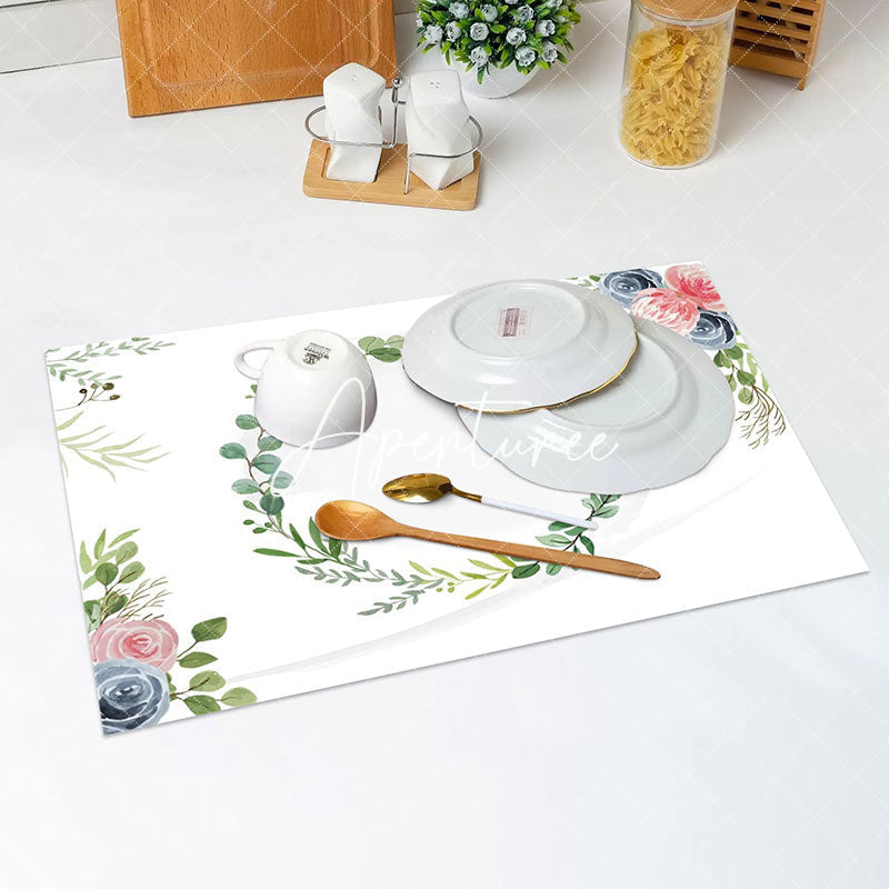 Aperturee - White Greenery Pink Blue Floral Set Of 4 Placemats