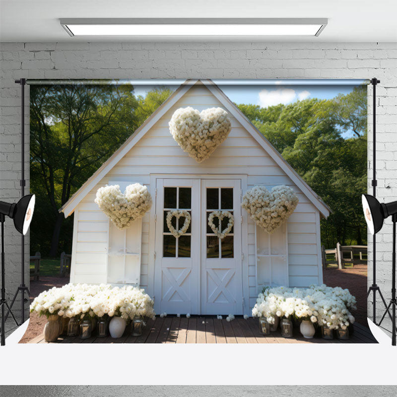 Aperturee - White Heart Floral House Valentines Day Backdrop