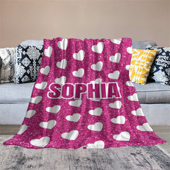 Aperturee - White Heart Pink Custom Name Valentines Day Blanket