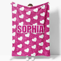 Aperturee - White Heart Pink Custom Name Valentines Day Blanket