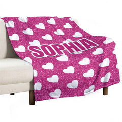 Aperturee - White Heart Pink Custom Name Valentines Day Blanket