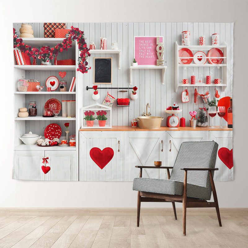 Aperturee - White Kitchen Red Heart Valentines Day Backdrop