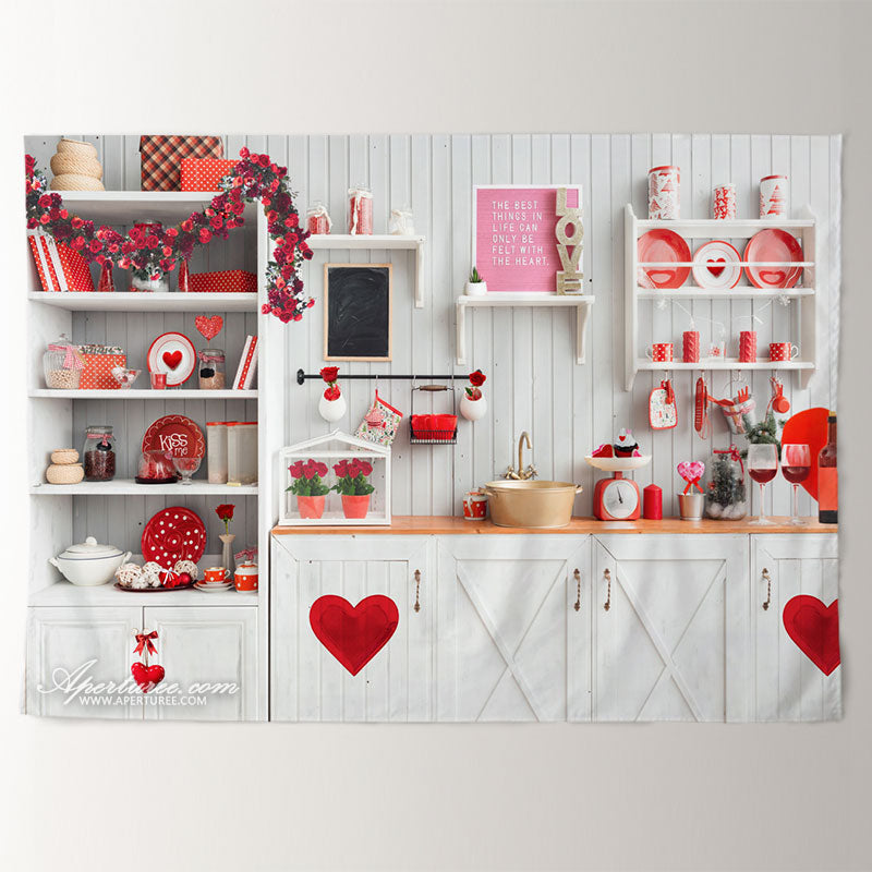 Aperturee - White Kitchen Red Heart Valentines Day Backdrop