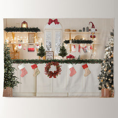 Aperturee - White kitchen Stockin Snowy Out Christmas Backdrop