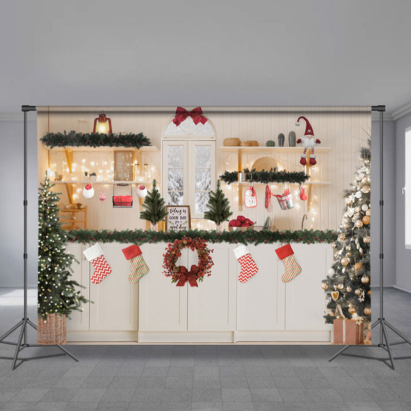 Aperturee - White kitchen Stockin Snowy Out Christmas Backdrop