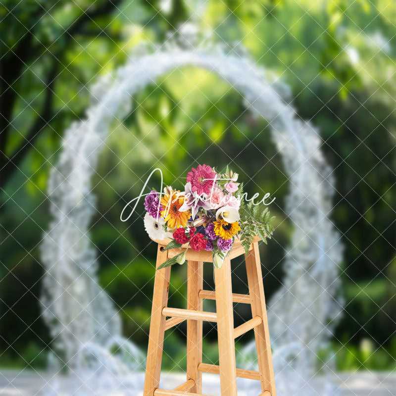 Aperturee - White Lace Arch Bokeh Spring Forest Wedding Backdrop