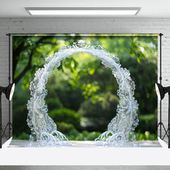 Aperturee - White Lace Arch Bokeh Spring Forest Wedding Backdrop