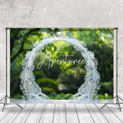 Aperturee - White Lace Arch Bokeh Spring Forest Wedding Backdrop