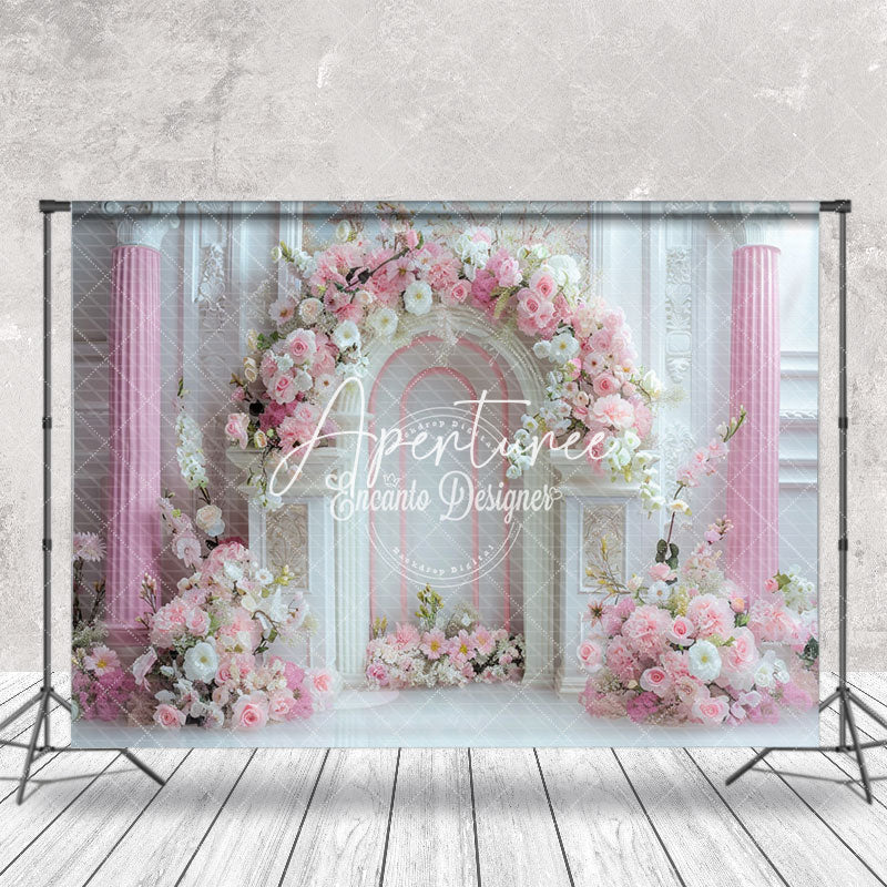 Aperturee - White Luxury Wall Pink Floral Wedding Photo Backdrop