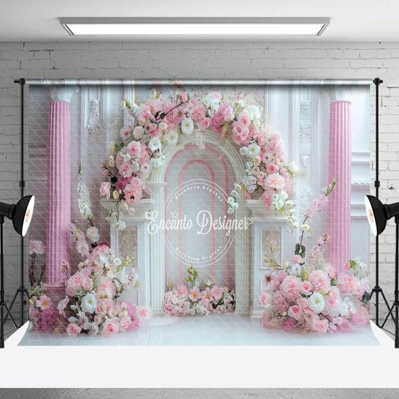 Aperturee - White Luxury Wall Pink Floral Wedding Photo Backdrop