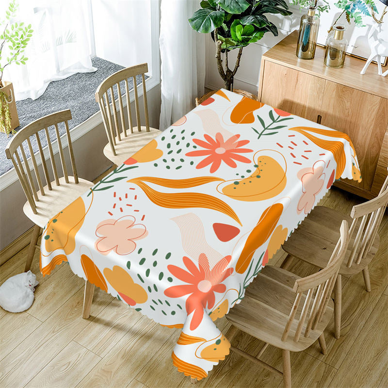 Aperturee - White Orange Floral Abstract Rectangle Tablecloth