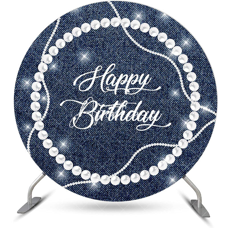 Aperturee - White Pearl Diamond Denim Round Birthday Backdrop