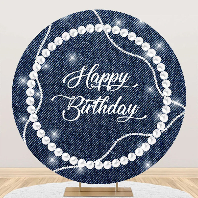 Aperturee - White Pearl Diamond Denim Round Birthday Backdrop