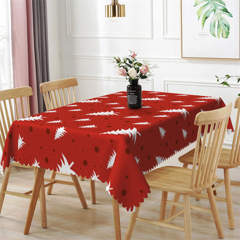 Aperturee - White Pine Trees Dots Repeat Red Christmas Tablecloth