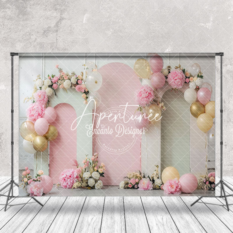 Aperturee - White Pink Arch Balloons Floral Cake Smash Backdrop