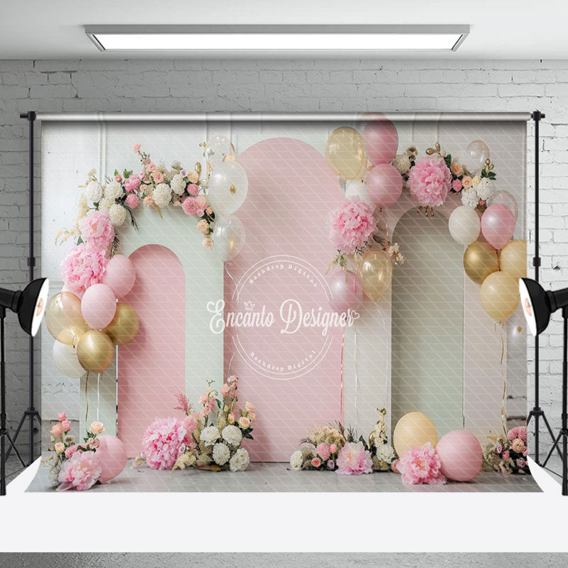 Aperturee - White Pink Arch Balloons Floral Cake Smash Backdrop