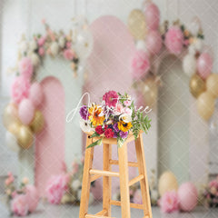 Aperturee - White Pink Arch Balloons Floral Cake Smash Backdrop