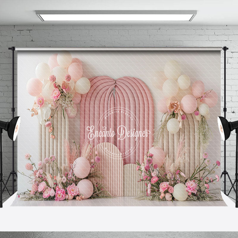 Aperturee - White Pink Balloon Floral Spring Cake Smash Backdrop