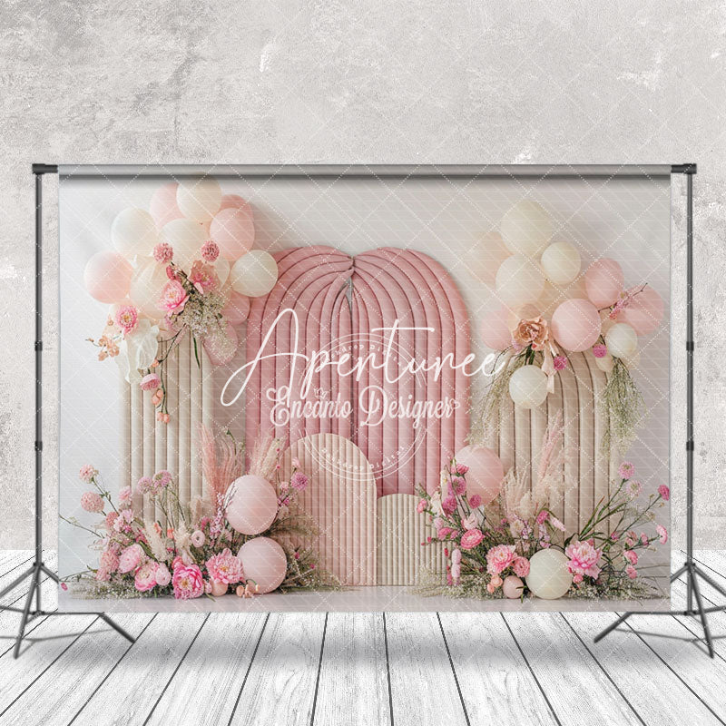 Aperturee - White Pink Balloon Floral Spring Cake Smash Backdrop