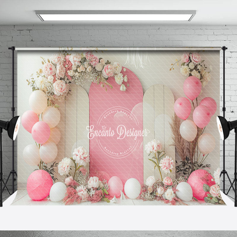 Aperturee - White Pink Balloons Floral Cake Smash Photo Backdrop