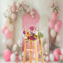 Aperturee - White Pink Balloons Floral Cake Smash Photo Backdrop