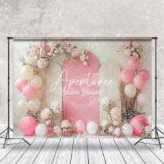 Aperturee - White Pink Balloons Floral Cake Smash Photo Backdrop