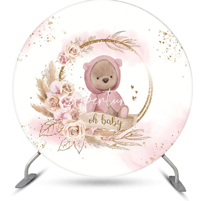 Aperturee - White Pink Bear Floral Round Baby Shower Backdrop